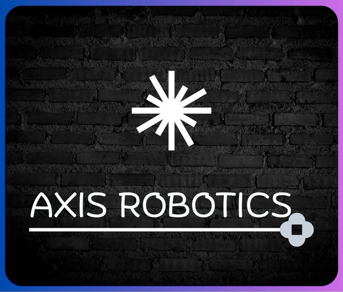 A logo for "AXIS ROBOTICS" featuring a white starburst icon above the text, set against a dark brick wall background with a blue and purple border.