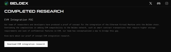 A webpage screenshot for Beldex showing 'COMPLETED RESEARCH' with a heading 'EVM Integration POC' and a button to 'Download EVM integration research'.