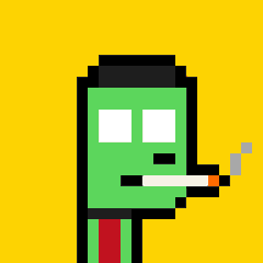 A pixel art zombie character with glowing white eyes and a cigarette in its mouth stands against a yellow background, with "zecpunksnft" referenced as a related NFT collection. The blocky, retro-style zombie likely represents one of the character designs featured in the Zec Punks NFT project.