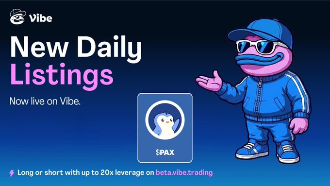 A promotional banner for Vibe announcing 'New Daily Listings' featuring the $PAX token and a pink cartoon character in a tracksuit and sunglasses.