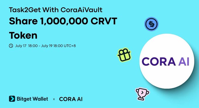 A promotional banner for the "Task2Get With CoraAiVault" campaign by Bitget Wallet and CORA AI, announcing a giveaway of 1,000,000 CRVT tokens running from July 17 to July 19, 18:00 UTC+8. The design features the CORA AI logo alongside gift and trophy icons, matching the event's call for users to follow the accounts and complete tasks to earn rewards.
