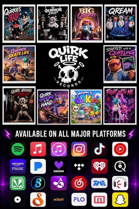 Promotional graphic for 'Quirk Life Records' featuring a grid of colorful music album/single covers with text 'AVAILABLE ON ALL MAJOR PLATFORMS' displayed above a row of streaming service logos including Spotify, Apple Music, Amazon Music, and YouTube.