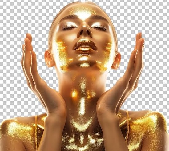 A stylized portrait of a woman with golden metallic skin and makeup, her eyes closed and hands raised to her face in a serene pose against a transparent background.