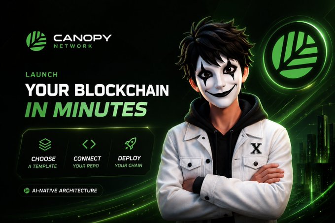 The image features a man wearing a white hoodie and a mask that looks like a clown face. The background of the image is black, which contrasts with the white foreground where the text "gCanopy Builders" is displayed. Below this, there are three bullet points explaining how to launch your own Web3 ecosystem using CNPY Network.