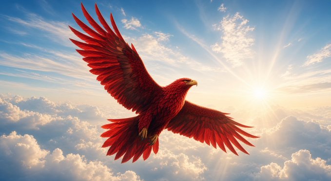 A majestic red eagle soars through a sunlit sky above the clouds, symbolizing strength and forward momentum. The image's aspirational tone complements the post's message of steady, community-driven progress with the $REGE token.