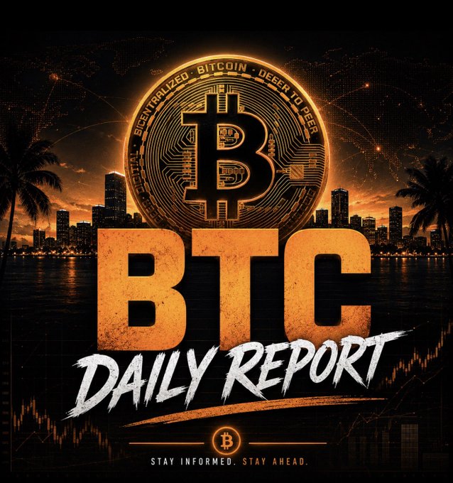 A graphic titled 'BTC DAILY REPORT' features a large golden Bitcoin coin above a city skyline at sunset, with the tagline 'STAY INFORMED. STAY AHEAD.'