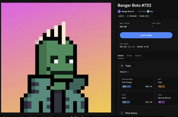 An NFT listing page for 'Banger Bots #732' on ERC721 (Ethereum, Token #732), showing a pixelated green character with traits including 'Pink Orange' background and 'Pepe' bot type, priced at 0.0182 ETH.