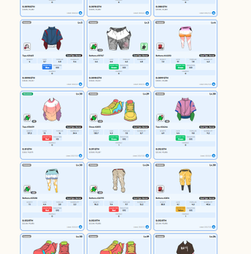 Grid display of cartoon-style clothing NFTs or digital items including sweaters, hoodies, sneakers, pants, and shorts, each listed with prices