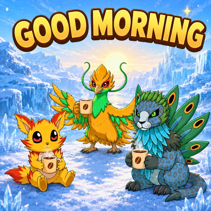 A cheerful "GOOD MORNING" banner features three cartoon creatures—a yellow fox-like critter, a golden phoenix, and a peacock-like beast—all holding coffee mugs against a frosty, crystalline landscape at sunrise. The whimsical, game-ready characters align with the post's gaming NFT collection theme, setting a friendly morning vibe for the Sol Sky Pilots community giveaway announcement.
