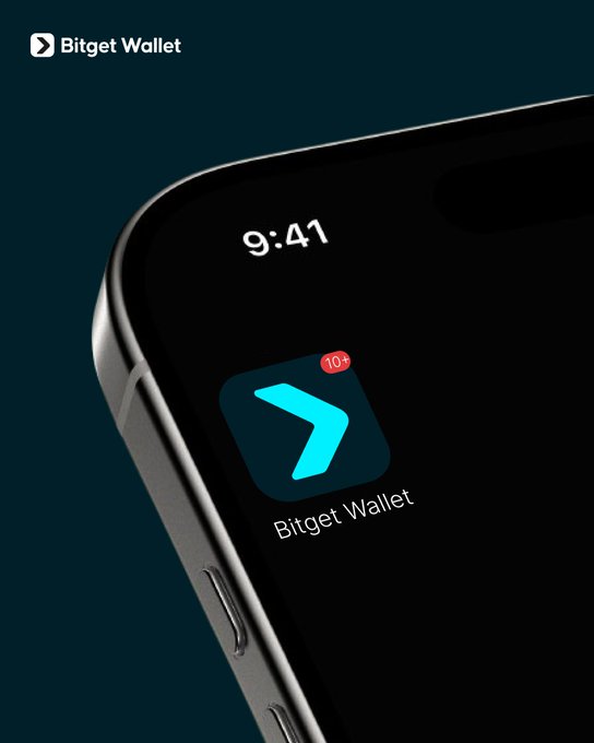 A close-up product shot shows an iPhone displaying the 'Bitget Wallet' app icon with a '10+' notification badge on the screen, with the Bitget Wallet logo in the top left corner.