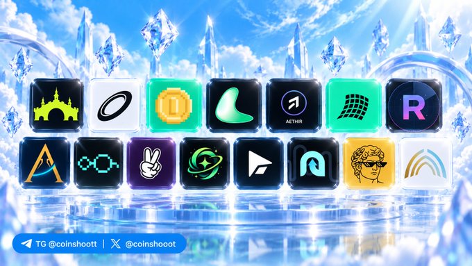 A promotional graphic for 'coinshoot' displaying various cryptocurrency and project logos on tiles against an icy, crystalline blue background, with social media handles 'TG @coinshoot' and 'X @coinshoot' at the bottom.