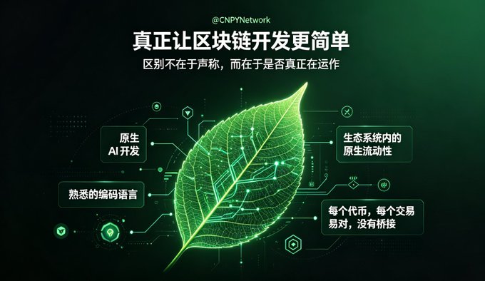 A promotional graphic in Chinese for CNPY Network featuring a glowing digital leaf, with text translating to 'Making blockchain development truly simpler' alongside features like native AI development and familiar coding languages.