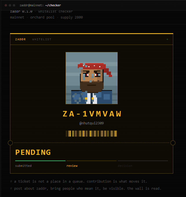 A terminal interface shows a 'zaddr whitelist checker' displaying a pixel art avatar, the address 'ZA-1VMVAW', the handle '@nhutqu12309', and a 'PENDING' status bar.