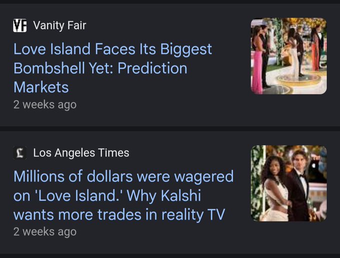 Two news headlines from Vanity Fair ("Love Island Faces Its Biggest Bombshell Yet: Prediction Markets") and Los Angeles Times ("Millions of dollars were wagered on 'Love Island.' Why Kalshi wants more trades in reality TV") highlight the surprising intersection of reality TV and prediction markets, suggesting that Chainlink may track unusual market activity—including bets placed on Love Island outcomes—similar to its well-known role in tracking real-world events.