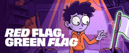 The image shows a cartoon illustration of a young man with curly hair and large eyes, standing in a purple-lit room, with the bold text "RED FLAG, GREEN FLAG" overlaid on the left side. The graphic visually reinforces the post's theme of evaluating behavioral "red flags" (like typing in all caps) versus "green flags," tying directly into the message about appreciating low-drama, high-energy communicators in alignment with the @RallyOnChain brand.
