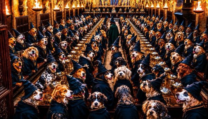 A grand candlelit hall filled with dogs wearing wizard hats and robes, seated at long banquet tables reminiscent of Hogwarts, with a single figure in dark robes standing at the head.