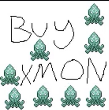 A hand-drawn meme with the text 'Buy xMON' surrounded by pixel-art green squid creatures.