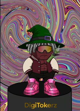 A cartoon character with dreadlocks, sunglasses, and a green wizard hat sits on a pedestal labeled 'DigiTokerz' against a swirling psychedelic background.