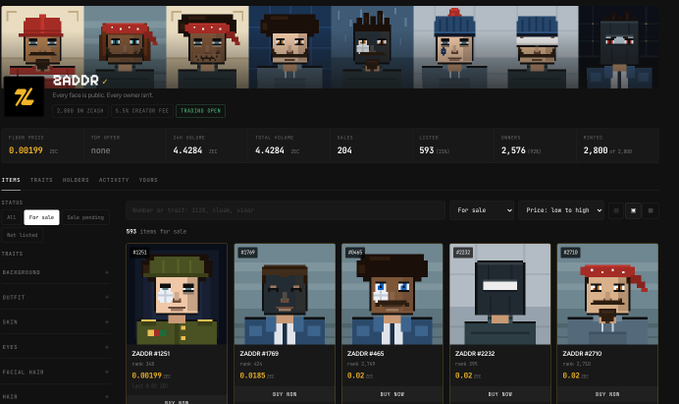 A webpage from a CryptoPunks trading platform displaying pixel-art character avatars with 'BADDR' collection stats, showing floor price, volume, and items listed with prices in ETH.