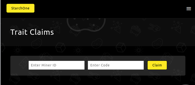 A dark-themed web interface for "StarchOne" displaying a "Trail Claims" section with two input fields labeled "Enter Miner ID" and "Enter Code," alongside a yellow "Claim" button, set against a background of subtle mining-themed icons.