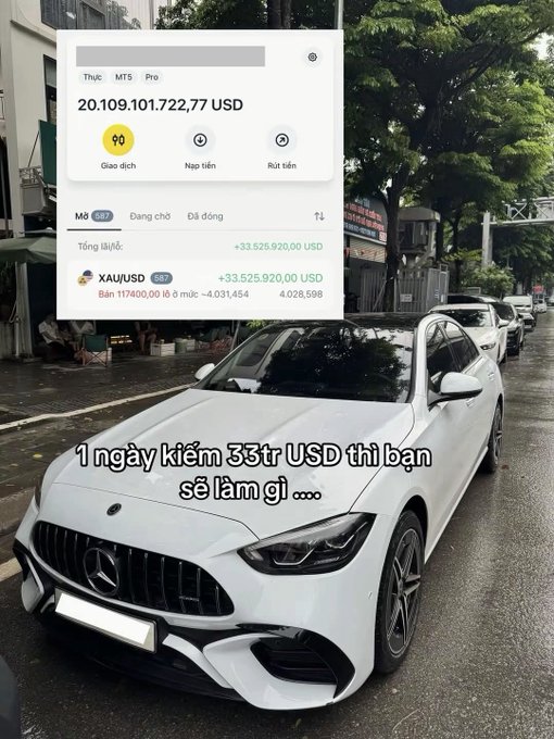 A white Mercedes-Benz is shown on a street with a Binance account screenshot overlay displaying a balance of "20.109.101.722,77 USD" and daily profit of "+33.525.920,00 USD," accompanied by Vietnamese text "1 ngày kiếm 33tr USD thì bạn sẽ làm gì ..." ("What would you do if you earn $33M USD in one day..."). The image humorously illustrates the post's claim about a Vietnamese "master" trader allegedly making tens of millions in a single day, contrasting extravagant crypto gains with humble content creation.