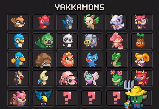 A pixel art sprite sheet titled 'YAKKAMONS' displays a grid of various colorful creature designs, with the bottom row containing question marks and a larger character sprite.