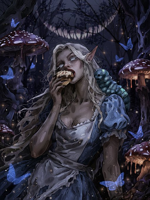 The image features a woman with long blonde hair wearing an Alice in Wonderland costume, holding a cookie while standing in front of mushrooms that glow like blue fireflies. The background includes trees and other mushrooms, creating a whimsical atmosphere. The caption reads "MERGING OF WORLDS on @objktcom ... the worlds didn't collide, they dissolved into each other forever...", suggesting an artistic interpretation or surrealistic representation of the merging of two different worlds.