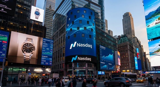Times Square in New York City featuring the curved Nasdaq building with its logo prominently displayed among other billboards, including one for an Apple Watch.