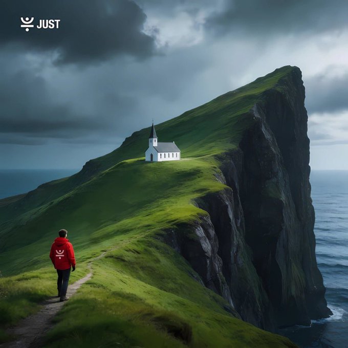 A lone figure in a red jacket treks along a winding path toward a white church perched atop a steep, grass-covered coastal cliff under a moody sky, with the "JUST" logo visible in the upper left corner. The image symbolizes the deliberate, steady journey toward a distant goal—mirroring JUST's message that long-term success in DeFi comes from consistent, strategic actions rather than chasing quick wins.