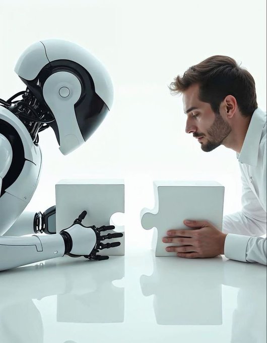 A sleek white humanoid robot and a man in a white shirt sit across from each other at a table, each holding complementary white puzzle pieces that are about to interlock.