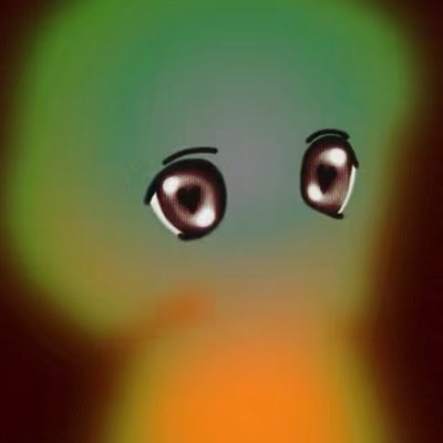 A close-up image of a Pokemon character's eyes peeking out from a green hood or body, with only the eyes and a small orange beak/mouth visible against a blurred background.