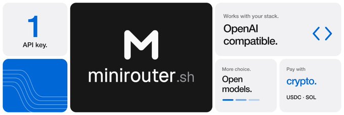 A promotional banner for minirouter.sh featuring its "M" logo, highlighting key features: "1 API key," "OpenAI compatible," "Open models," and "Pay with crypto (USDC · SOL)." The image relates to the post as a banner created by a community member for the Solana token $MINI, tying the project's branding to its on-chain identity.