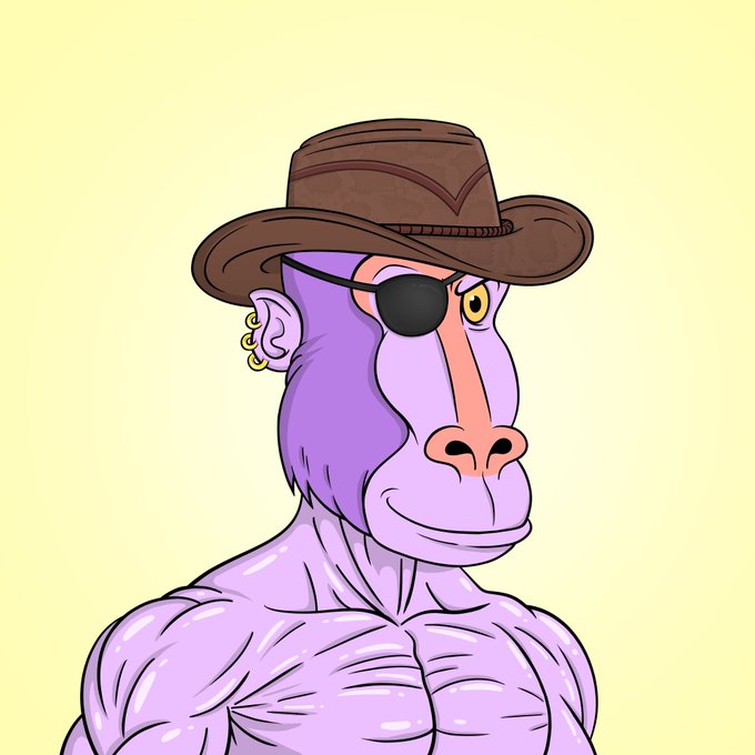 A digital illustration of a muscular purple primate character wearing a brown cowboy hat, an eye patch, and earrings, set against a pale yellow background.
