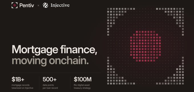 A promotional banner for Pentiv on Injective, with the text 'Mortgage finance, moving onchain' and statistics: '$1B+ mortgage records tokenized on injective', '500+ data points per loan record', and '$100M INJ digital asset treasury strategy'.