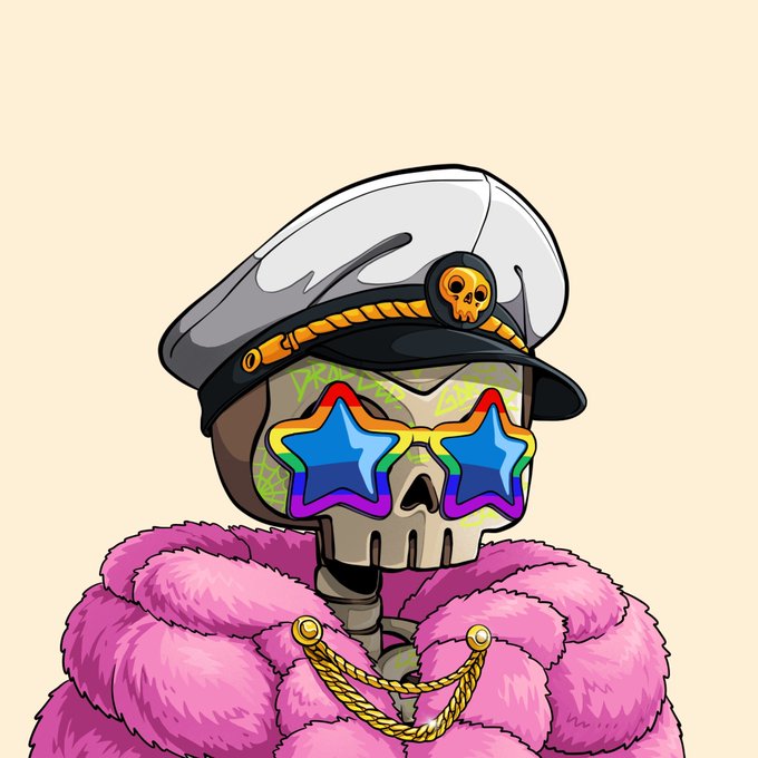 A cartoon skull character wears a white sailor hat with a skull emblem, rainbow star-shaped sunglasses, and a fluffy pink coat with gold chains.