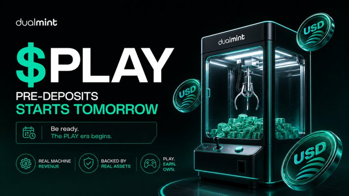 An advertisement for dualmint announces "$PLAY PRE-DEPOSITS STARTS TOMORROW" alongside a 3D illustration of a claw machine filled with USD coins, highlighting features like real machine revenue, backing by real assets, and play-to-earn gameplay.