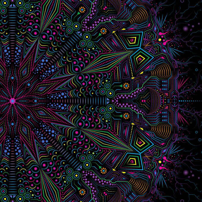 The image features a vibrant, colorful design with a large circle at its center surrounded by smaller circles of various colors including pink, blue, green, yellow, purple, orange, and black. The background is dark, which contrasts with the bright colors of the design elements. The caption reads "SOLD! Thank you so much @Jeffreyvtx for collecting #ELSEWHERE LE - 25/17 / 10 xtz".