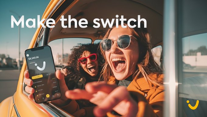 An advertisement with the text 'Make the switch' showing two women laughing in a car, with one holding a smartphone displaying a banking app showing a balance of $8,240.56.