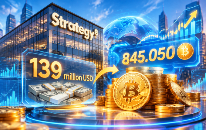 A digital illustration depicting Strategy (formerly MicroStrategy) acquiring 139 million USD worth of Bitcoin, bringing holdings to 845.050 BTC, shown with stacks of gold Bitcoin coins, cash bundles, and a glass corporate building.