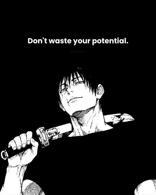 A black and white manga illustration of a dark-haired character holding a sword with the text 'Don't waste your potential.' displayed above.