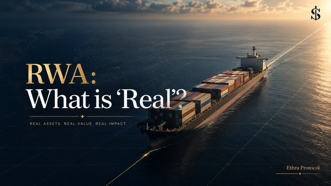 A promotional banner for Ethra Protocol featuring a container ship at sunset with the text 'RWA: What is 'Real'? Real Assets, Real Value, Real Impact.' and a dollar sign logo.