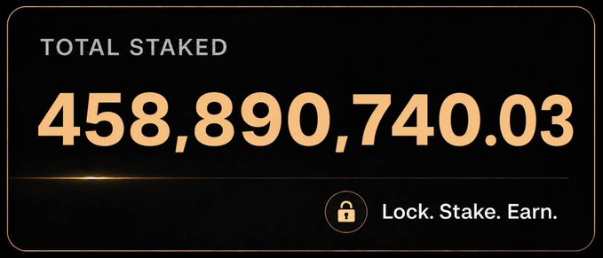 A dark dashboard displays "TOTAL STAKED" with the large gold number "458,890,740.03" and the tagline "Lock. Stake. Earn."