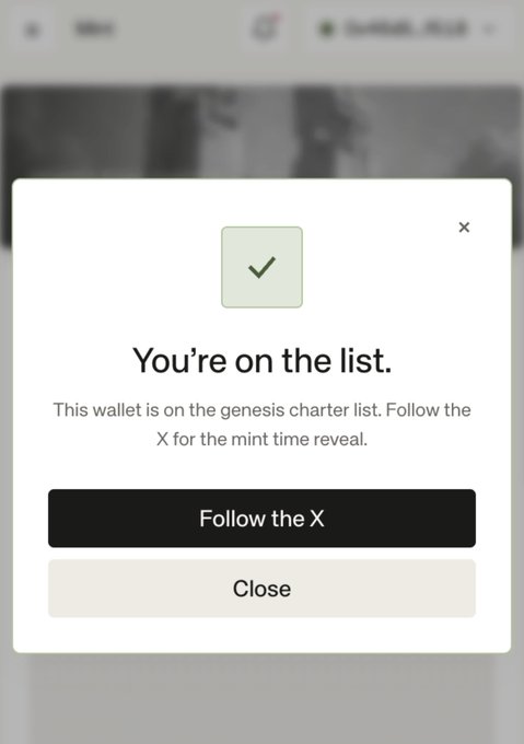 A confirmation popup displays "You're on the list" with a green checkmark, indicating the user's wallet has been added to the Standard RSV genesis charter list, along with a "Follow the X" button and instructions to follow for mint time reveal. The post celebrates joining the onchain central bank experiment's allowlist, with the image serving as visual proof of successful registration.