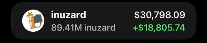 A cryptocurrency portfolio card for 'inuzard' showing a balance of 89.41M inuzard valued at $30,798.09, with a daily gain of +$18,805.74, featuring a Shiba Inu-style mascot icon.