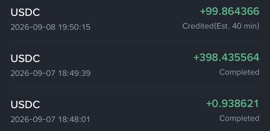 A screenshot of USDC transaction history showing deposits of +99.864366, +398.435564, and +0.938621 USDC with dates from September 2026.