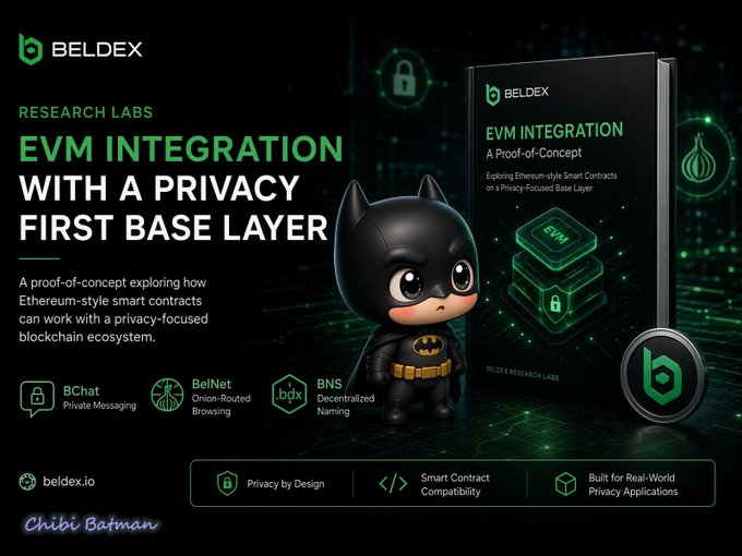 A dark green promotional graphic for Beldex Research Labs featuring a chibi-style Batman figure beside a 3D book titled "EVM Integration: A Proof-of-Concept," highlighting features like BChat Private Messaging, BelNet Onion-Routed Browsing, and BNS Decentralized Naming.

The image showcases Beldex's broader privacy-focused ecosystem (BChat, BelNet, BNS, and now EVM smart contract compatibility), providing visual context for the post's mention of BelNet's Split Tunneling feature by emphasizing the full suite of privacy tools the BelNet connection is part of.