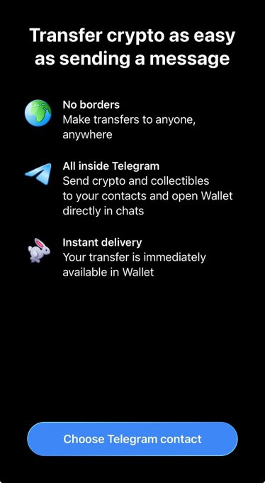 A promotional screen for crypto transfer features the text 'Transfer crypto as easy as sending a message' along with bullet points for 'No borders,' 'All inside Telegram,' and 'Instant delivery,' above a blue button labeled 'Choose Telegram contact.'