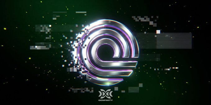 A stylized metallic "e" logo dissolves into pixelated fragments against a dark green digital background, with the word "DENFINITY" and an "X" symbol visible below. The glitchy, tech-inspired graphic visually reinforces the post's theme of Ondo Perps launching a first-of-its-kind perpetuals venue where tokenized stocks serve as margin collateral across 24 markets.