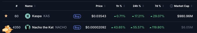 A cryptocurrency price tracker displays Kaspa (KAS) at rank #60 with a price of $0.03543 and a market cap of $980.96M, showing gains of 0.71% (1h), 17.21% (24h), and 29.07% (7d), alongside Nacho the Kat (NACHO) at rank #4350 with a price of $0.00002092 and $6.05M market cap, up 43.65% (1h), 55.57% (24h), and 119.80% (7d)—illustrating the substantial percentage gains referenced in the post as evidence of $KASPA's emerging uptrend and $NACHO's potential for new all-time highs.