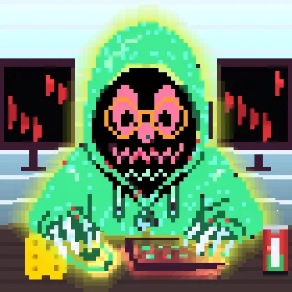 Pixel art illustration of a menacing hooded hacker in green at a computer with two monitors showing red charts/graphs.